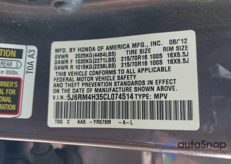 2012 Honda Cr-V Lx from USA, damaged, VIN 5J6RM4H35CL074514